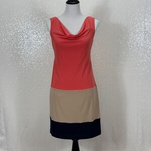 Muse Size 6 Colorblock Sleeveless Sheath Dress Coral Tan Navy Cowl Neck Stretch